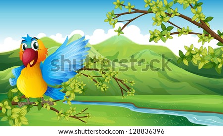 Illustration of a colorful bird across the mountain