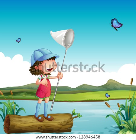 Illustration of a girl catching butterfly and a river
