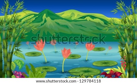 Illustration of the water lilies and flowers at the lake