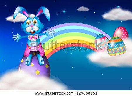 Illustration of an easter bunny and eggs near the rainbow