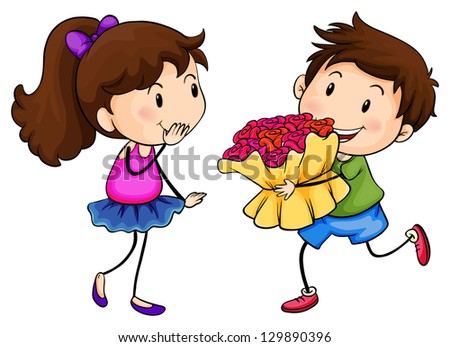 Illustration of a boy with a bouquet of flowers on a white background