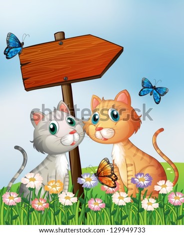 Illustration of two cats in front of an empty wooden arrow board