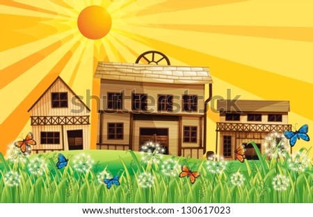 Illustration of the wooden houses and the sunset
