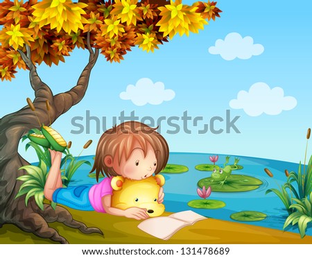 Illustration of a girl reading beside the river