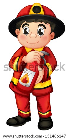 Illustration of a fireman holding a fire extinguisher on a white background