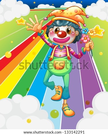 Illustration of a female clown with flowers at the colorful road