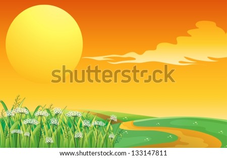 Illustration of a sunset at the top of the hill with a pathway