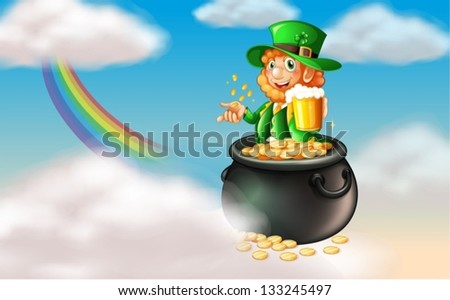 Illustration of a man inside a pot of gold with a mug of cold beer