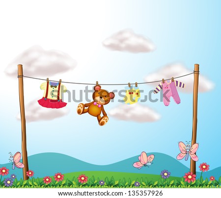 Illustration of a child's clothes hanging with a teddy bear