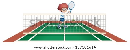Illustration of a boy playing tennis at the tennis court on a white background