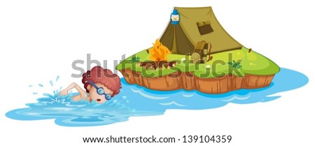 Illustration of a boy going to the campsite on a white background