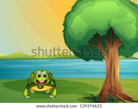 Illustration of a turtle beside a tree at the river