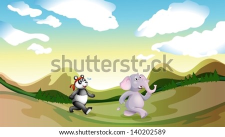 Illustration of a panda and an elephant walking along the mountains