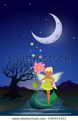 Illustration of a fairy holding a flower riding on a boat in the middle of the night
