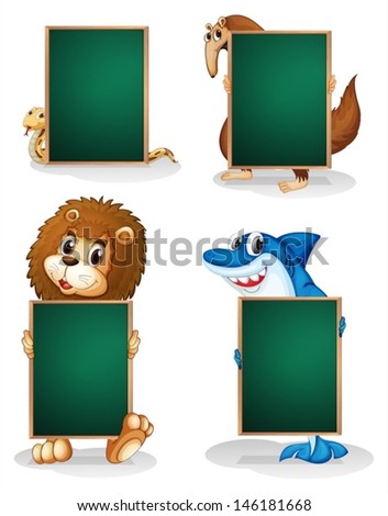 Illustration of the four animals holding an empty board on a white background