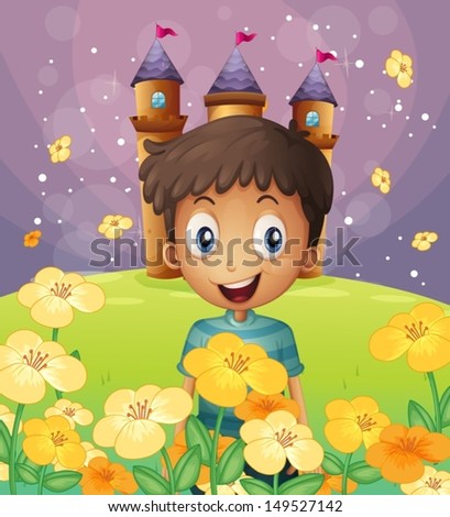 Illustration of a happy boy in front of the castle at the hilltop