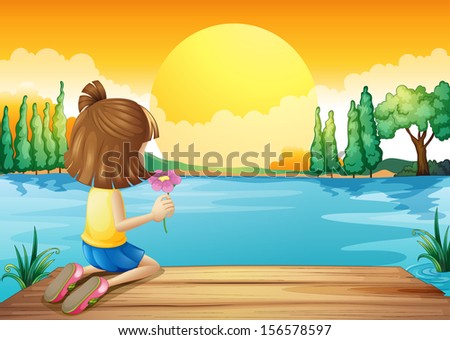 Illustration of a girl holding a flower facing at the river