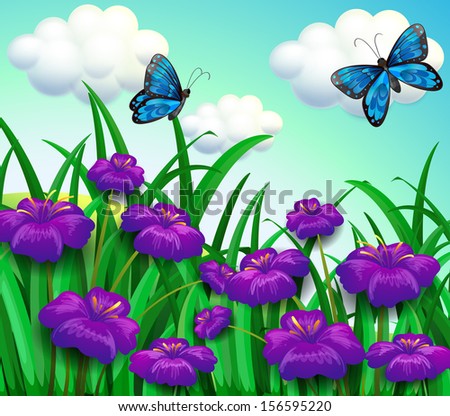 Illustration of the two blue butterflies at the garden with violet flowers