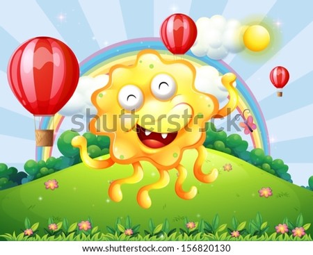 Illustration of a happy yellow monster at the hilltop with a rainbow and floating balloons