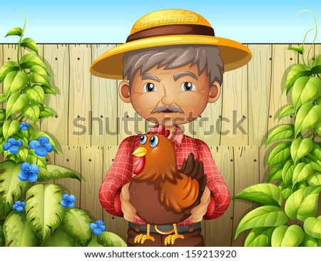 Illustration of an old man holding a rooster near the wooden fence