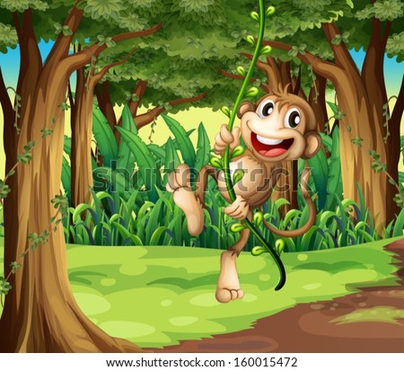Illustration of a monkey playing with the vine trees in the middle of the forest Illustration of a monkey playing with the vine trees in the middle of the forest