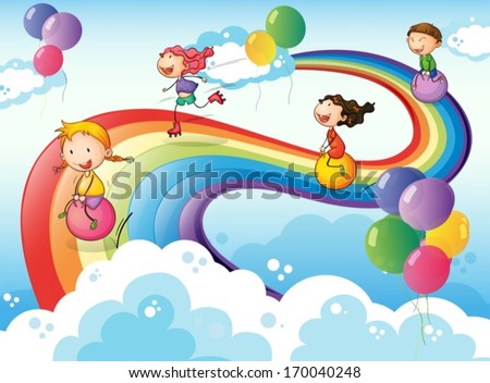 Illustration of a group of kids playing at the sky with a rainbow Illustration of a group of kids playing at the sky with a rainbow