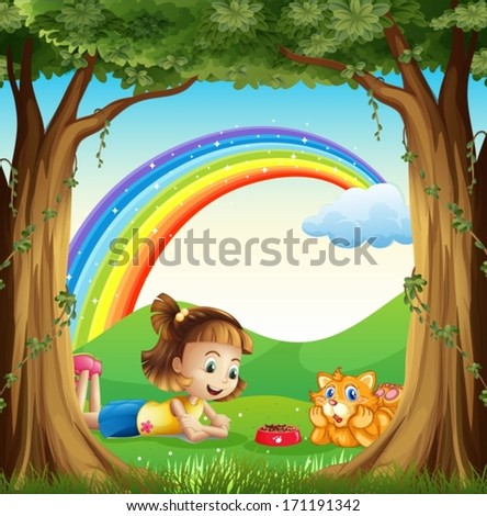 Illustration of a girl and her pet at the forest with a rainbow in the sky