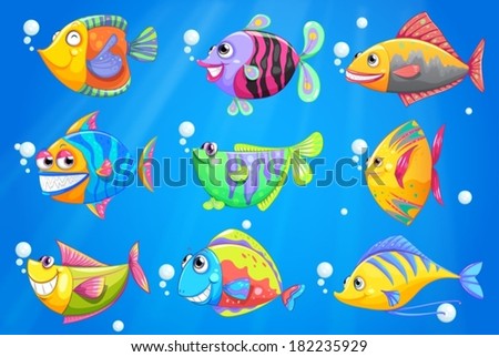 Illustration of an ocean with nine colorful fishes