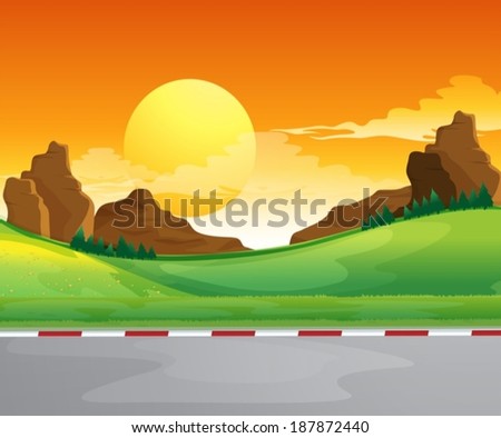 Illustration of a beautiful landscape and the bright sun in the sky