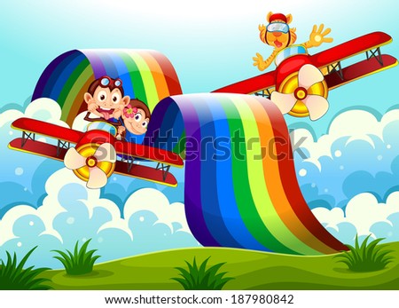 Illustration of the playful animals near the rainbow above the hills