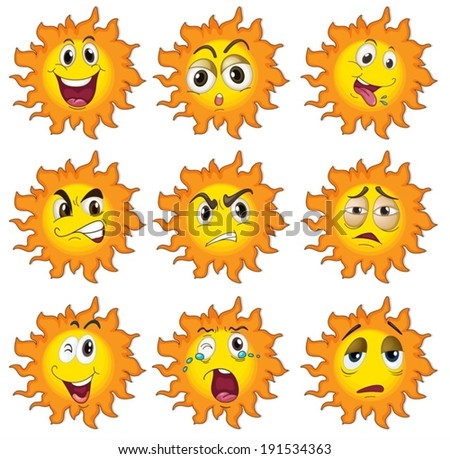 Illustration of the different facial expressions of the sun on a white background