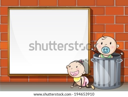 Illustration of the babies near the wall with an empty signboard