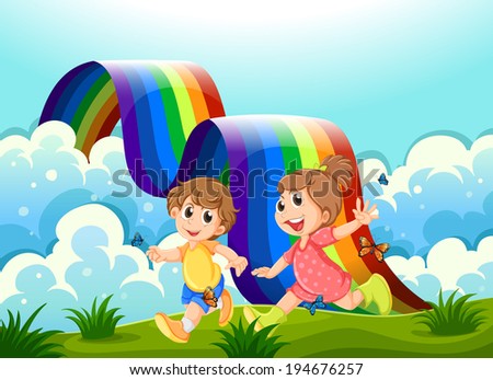 Illustration of the happy kids playing at the hilltop with a rainbow