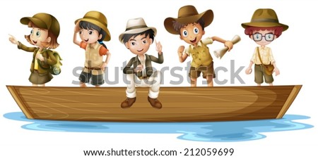 Illustration of girls and boys explorers on boat Illustration of girls and boys explorers on boat