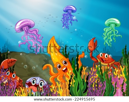 Illustration of many sea animals underwater