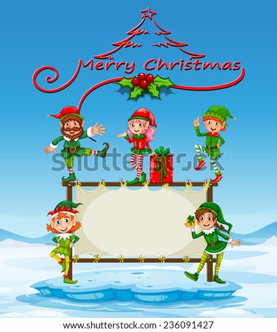 Illustration of a christmas card with many elves