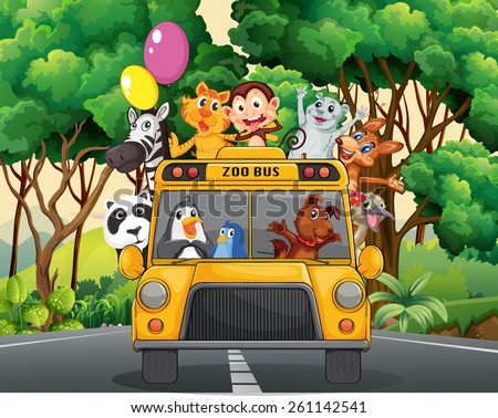 Different animals riding on a zoo bus