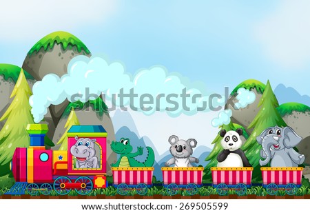 Many animals riding on the train in the park