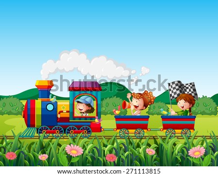 Kids in a train in the field