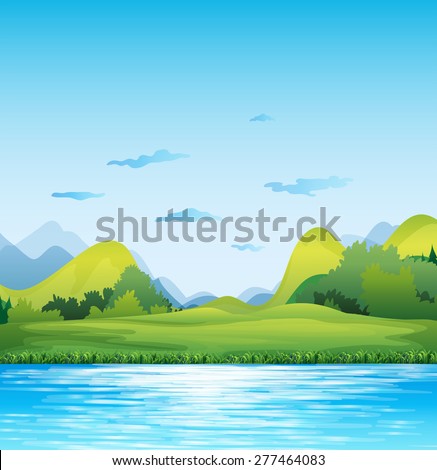 Scene of a green field by the river
