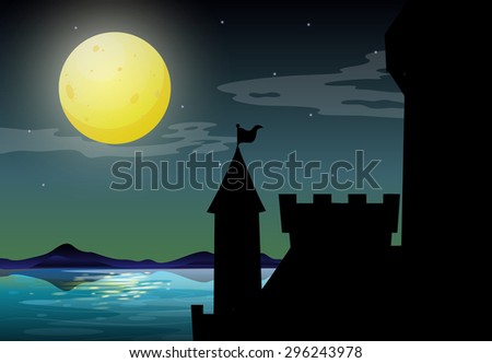 Castle by the lake on fullmoon night