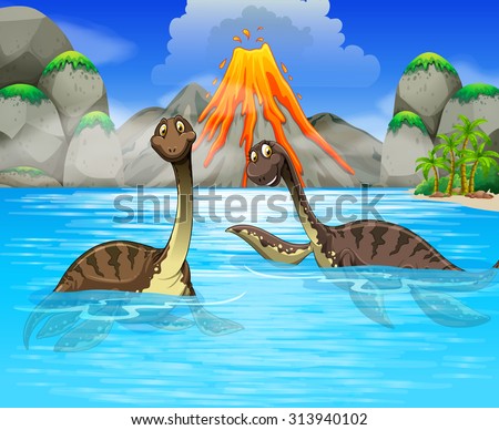 Dinosaurs swimming in the lake illustration