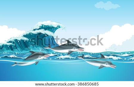 Dolphins swimming under the ocean illustration