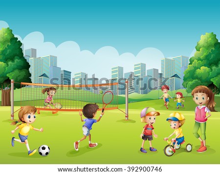 Children playing sports in the park illustration