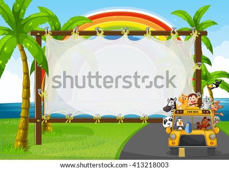 Frame design with animals on zoo bus illustration
