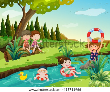Children swimming in the river illustration