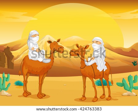 Arabs riding on camels at desert illustration