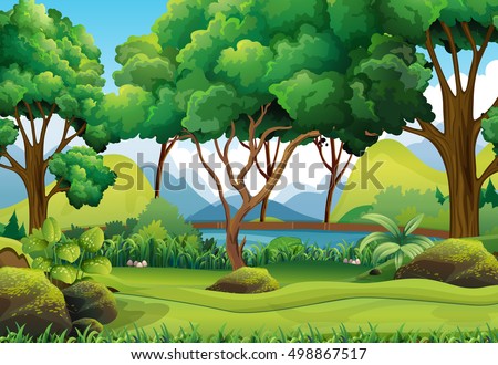 Forest scene with river and trees illustration