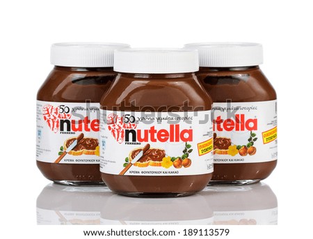 Belgrade Serbia April 24 2014 A jars of Nutella hazelnut spread isolated on white background.Nutella for Greece market April 24 2014 in Belgrade Serbia Belgrade Serbia April 24 2014 A jars of Nutella hazelnut spread isolated on white background.Nutella for Greece market April 24 2014 in Belgrade Serbia