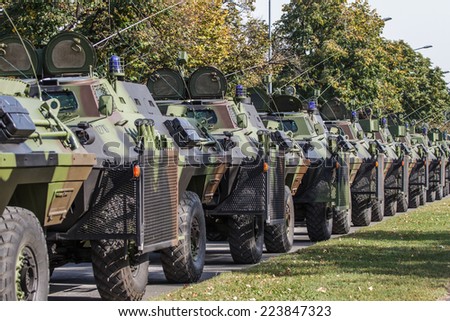 Belgrade, Serbia - October 12, 2014:  Serbian special police force vehicles on street of Belgrade, preparations for a military parade in Belgrade on October 12, 2014 in Belgrade, Serbia.